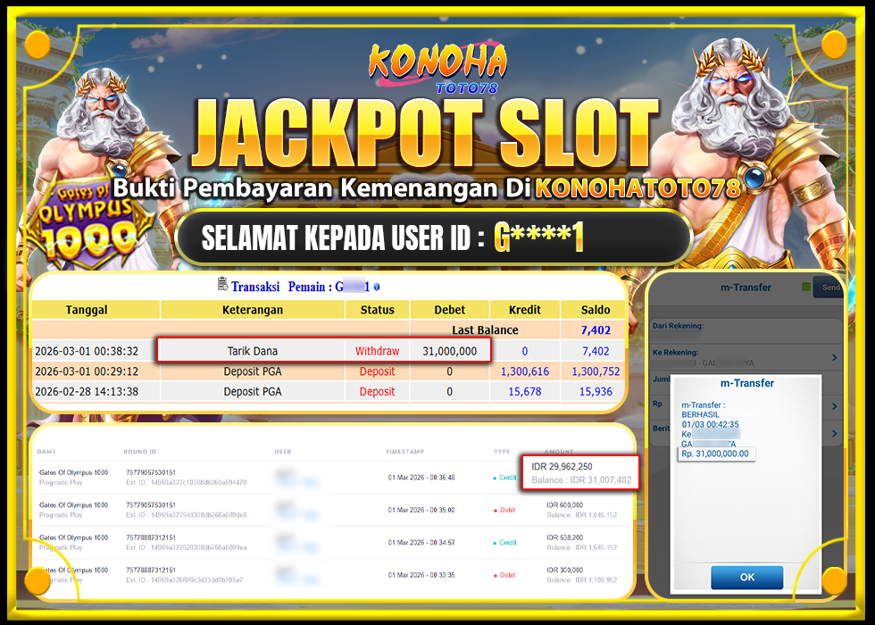 KONOHATOTO78 JACKPOT GATES OF OLYMPUS 1000 Rp.31.000.000,LUNAS